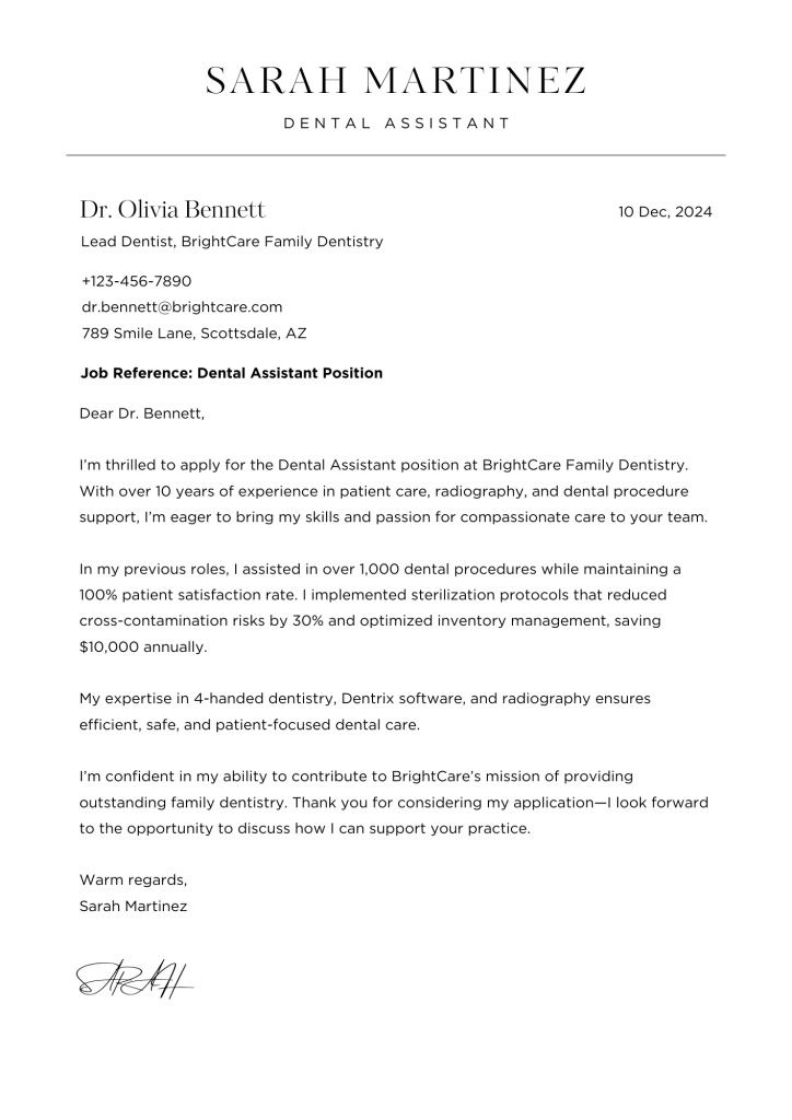 Dental Assistant Cover Letter